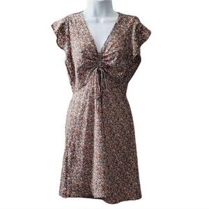 Brown Floral Monteau Los Angeles Ruched Bust Shortsleeve Ruffled Flowy dress